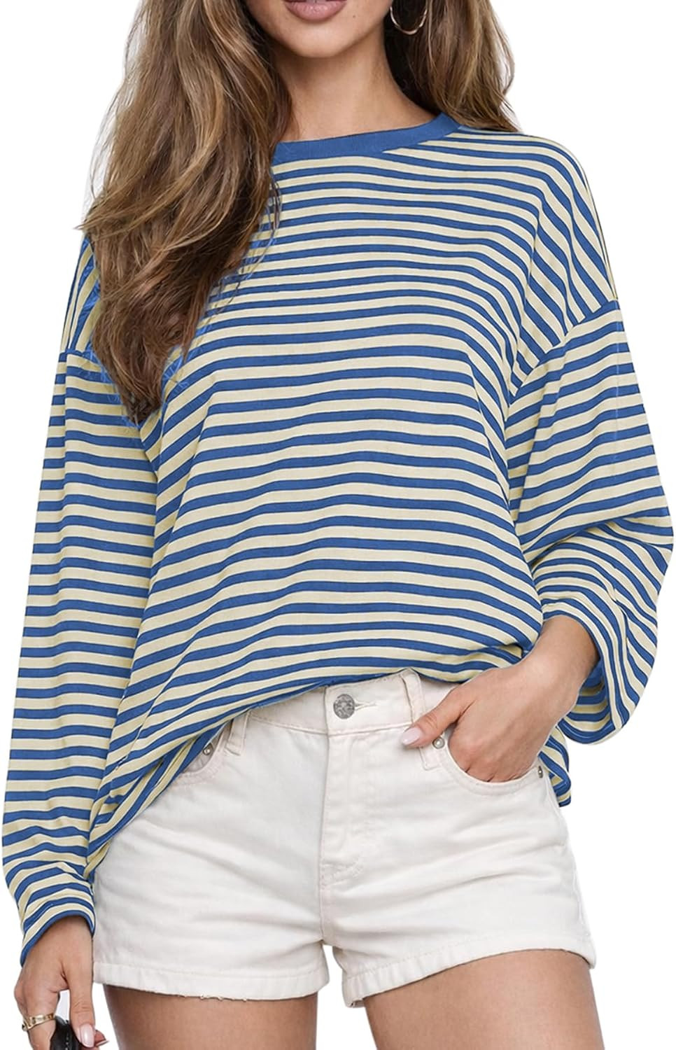 CHYRII Womens Oversized Striped Long Sleeve T Shirt Casual Fall Tops | Amazon (US)