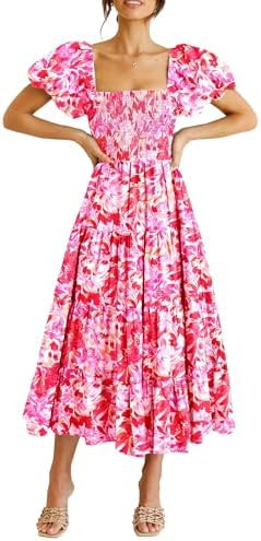 PRETTYGARDEN Women's Casual Summer Midi Dress Puffy Short Sleeve Square Neck Smocked Tiered Ruffl... | Amazon (US)