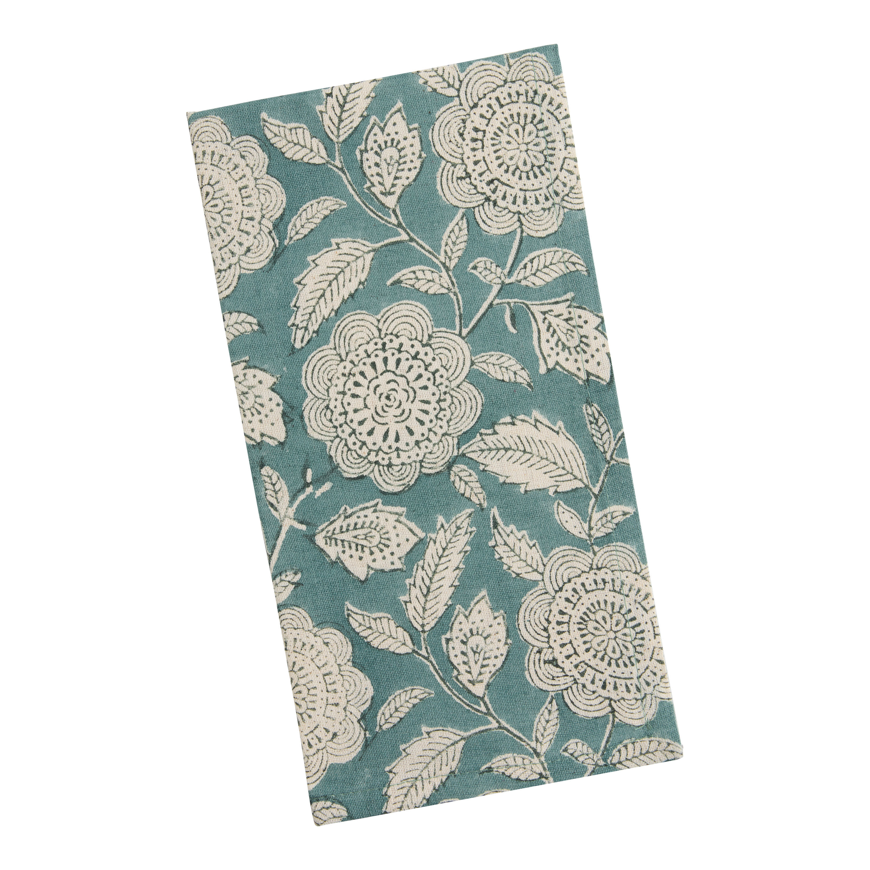 Aqua and White Floral Block Print Napkin Set of 4 | World Market