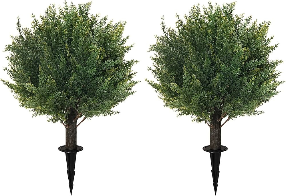 16'' Artificial Cedar Topiary Ball Trees with Ground Spike, UV Resistant Artificial Bushes, Set o... | Amazon (US)