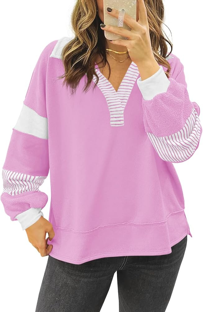 Fisoew Womens Color Block Oversized Sweatshirt V Neck Long Sleeve Casual Loose Pullover Tops | Amazon (US)