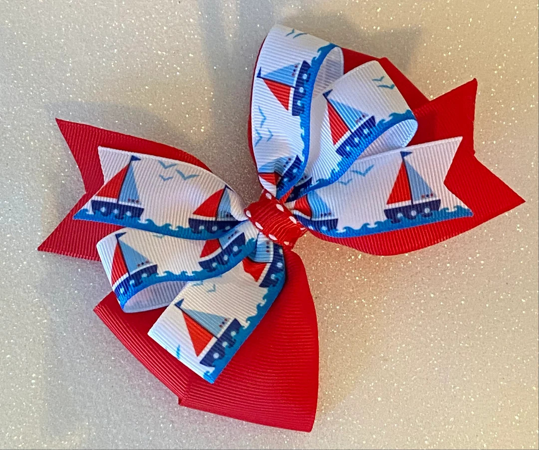 Red Sailboat Hair Bow Nautical Hair Bow Red White Blue Bow - Etsy | Etsy (US)