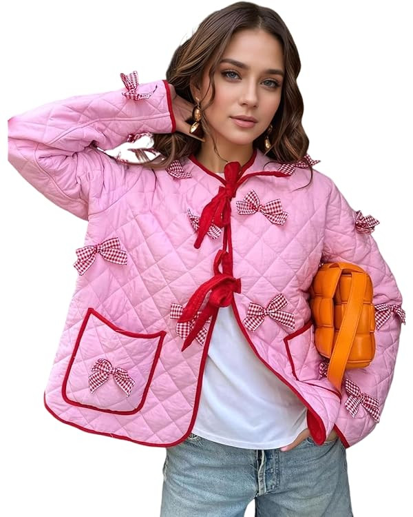 Women’s Bow Tie Front Floral Puffer Jacket Cropped Quilted Lightweigh Long Sleeve Warm Puffy Ja... | Amazon (US)