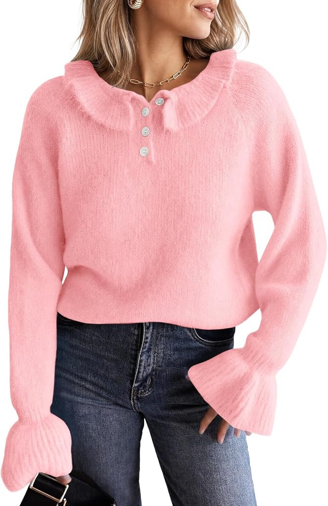 Saodimallsu Womens Ruffle Sweaters Collared Long Sleeve Fall Pullover Tops | Amazon (US)