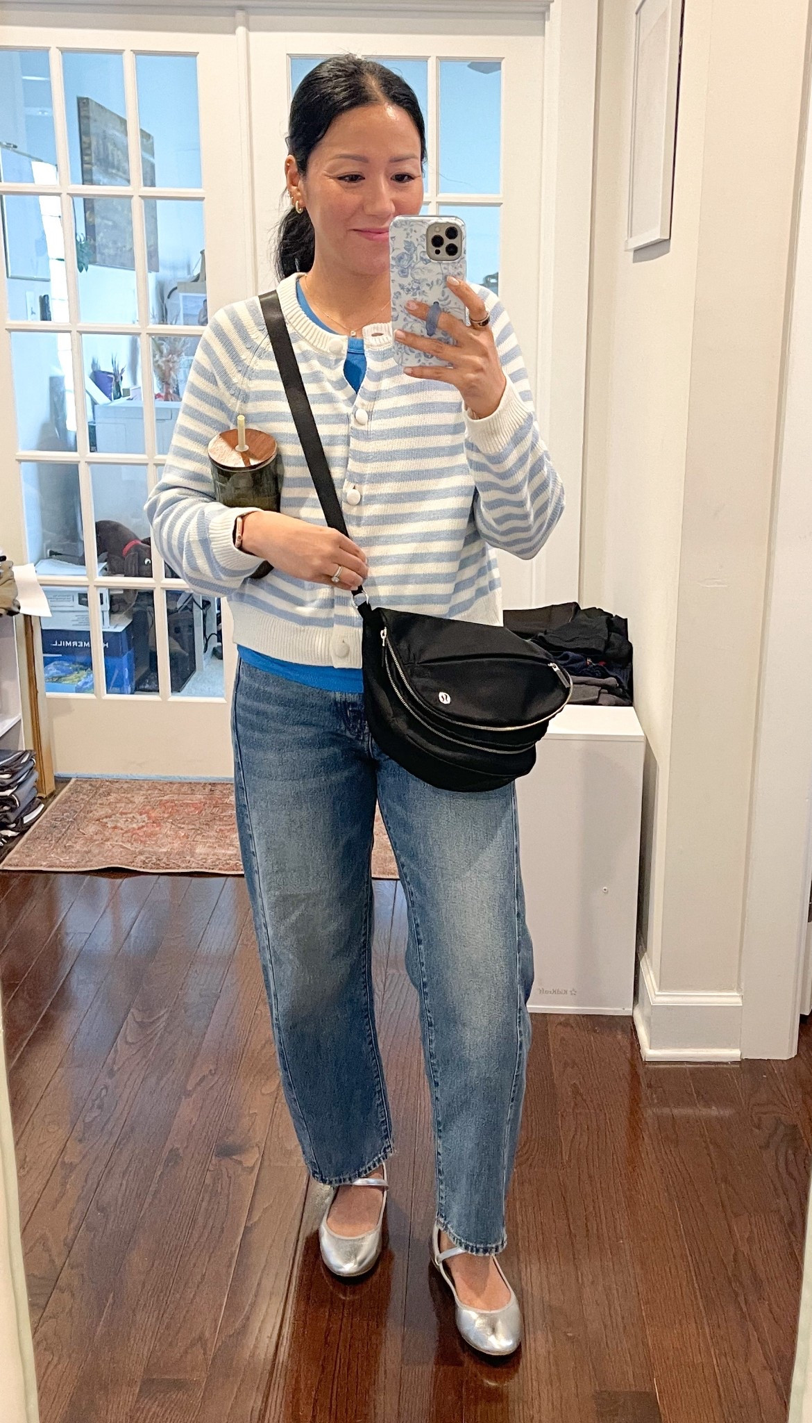 Size small tank
Size medium cardigan 
Size 26 jeans
Flats true to size 


#LTKOver40 #LTKSeasonal #LTKootd