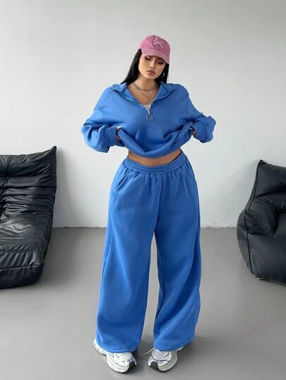 POPSWAY Plus Size Solid Color Zip-Up Long Sleeve Top And Pants Casual Suit SKU: sz241029831161701... | SHEIN