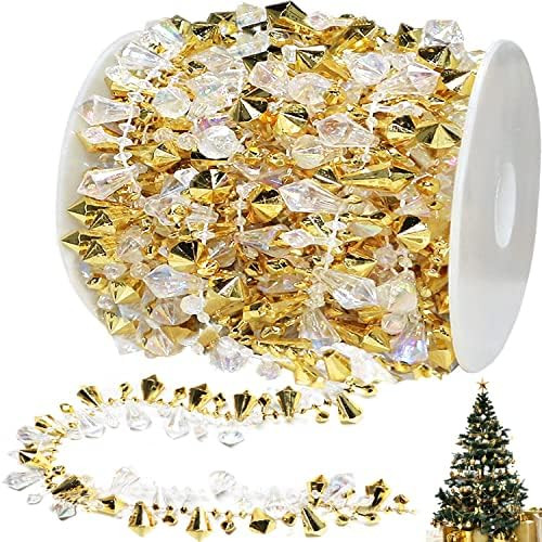 Jishi 16ft Christmas Garland Christmas Tree Gold Bead Decoration Clear Iridescent & Gold Bead Garlan | Amazon (US)