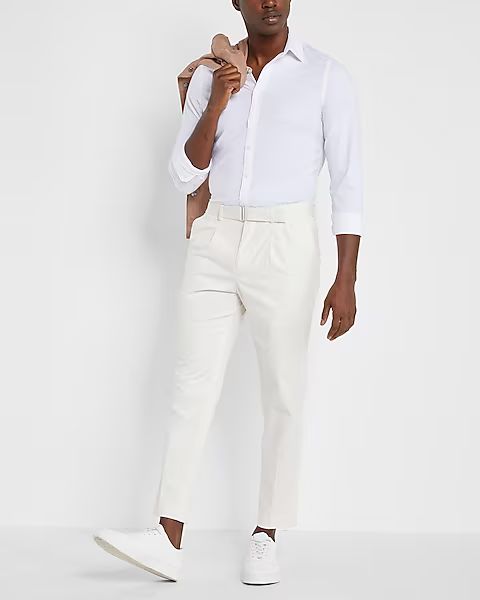 Slim Solid White Belted Cotton Hyper Stretch Cropped Suit Pant | Express