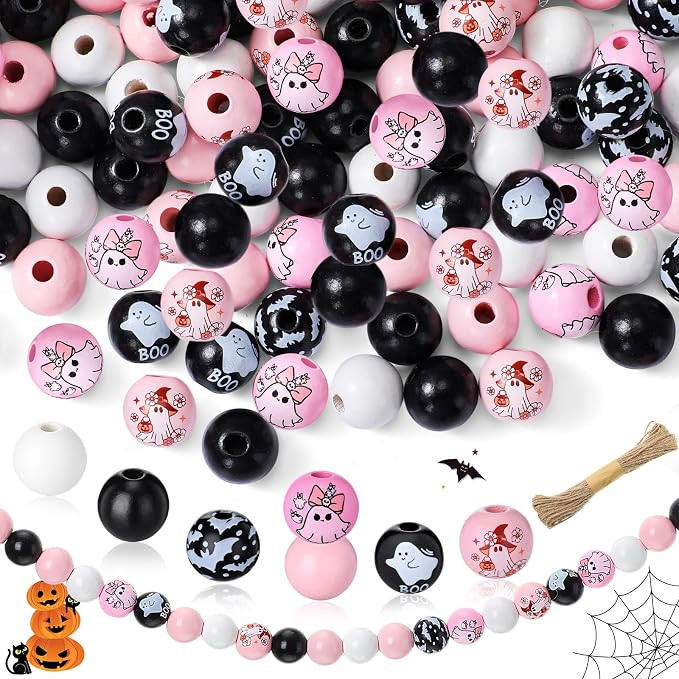 150 Set Halloween Wooden Beads for Craft Jewelry Making,Pink Ghost | Wood Round Colored Bead with... | Amazon (US)