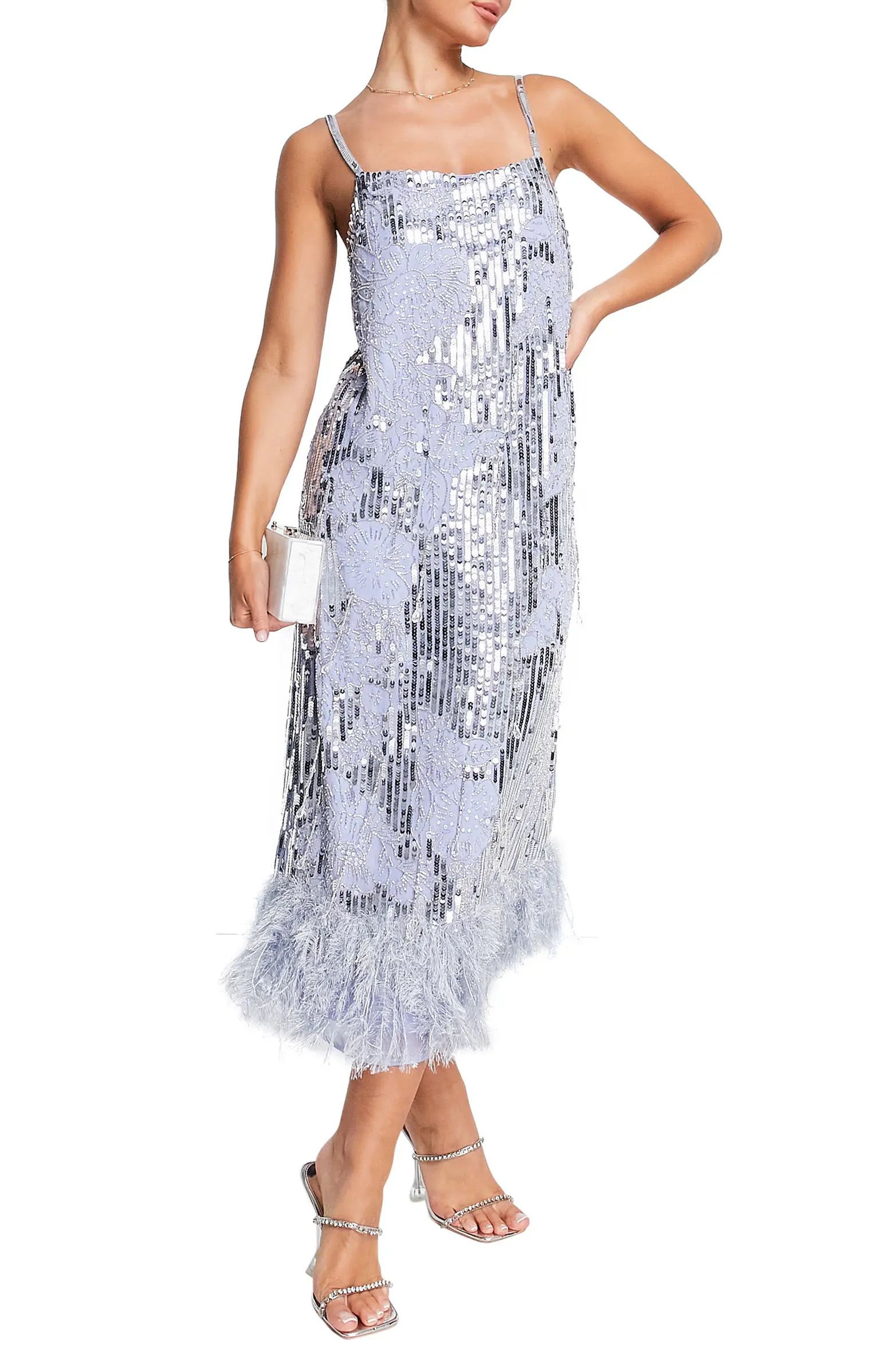 EDITION Sequin & Bead Faux Feather Hem Midi Dress | Nordstrom