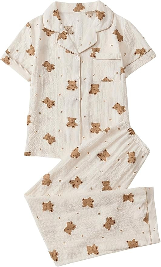 Verdusa Women's 2 Piece Pajama Sets Cute Printed Fall Pajamas Sleepwear Button Up Shirt with Pant... | Amazon (US)