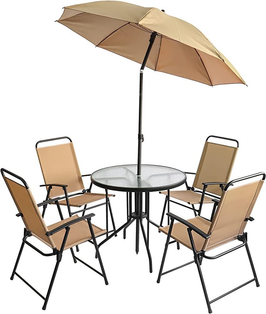 Amazon Basics 6-Piece Sling Folding Patio Dining Set with Glass Table Top and Umbrella - Tan | Amazon (US)