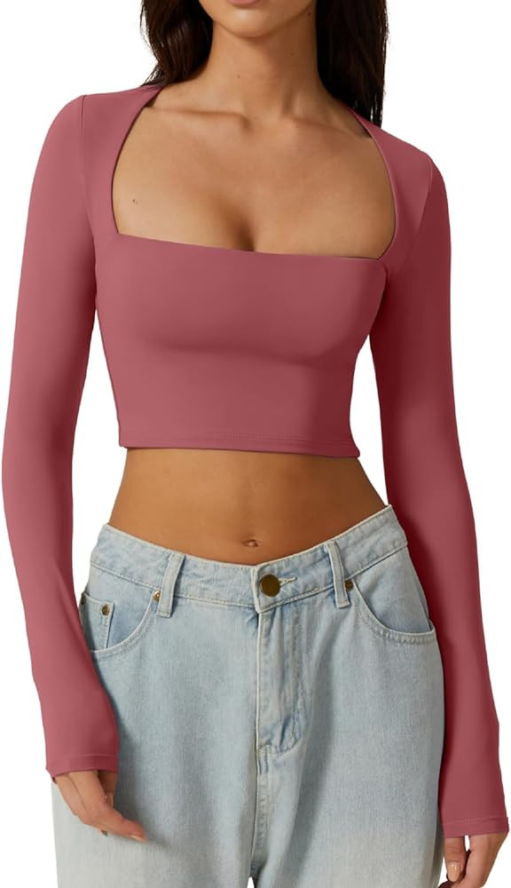 QINSEN Women's Sexy Square Neck Crop Top Long Sleeve Slim Fit Cropped T Shirts | Amazon (US)