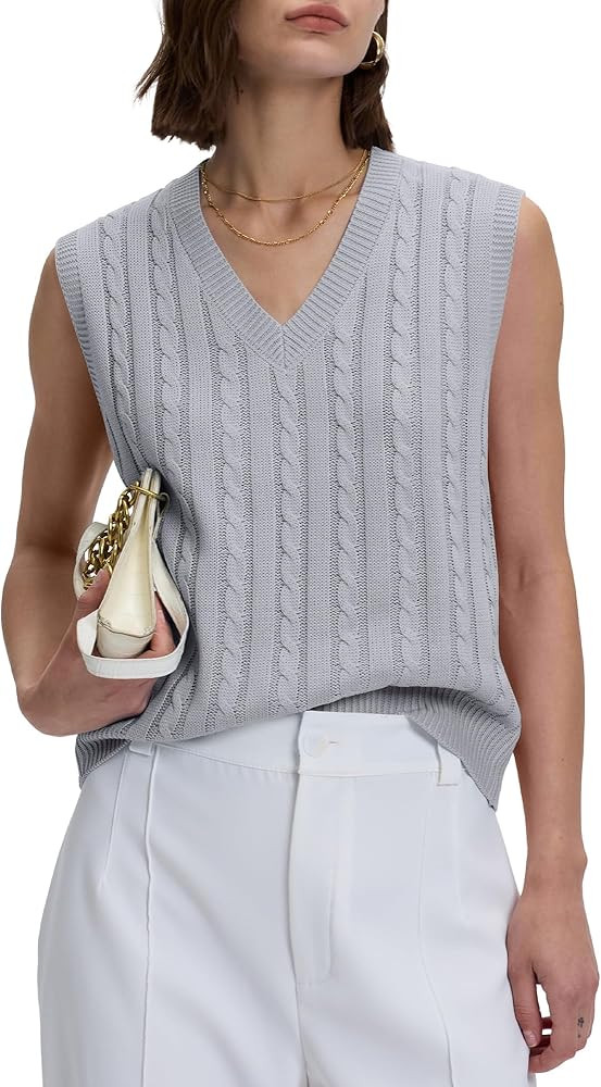 Locachy Women's Vintage Loose V Neck Sleeveless Cable Knit Preppy Style Pullover Sweater Vest | Amazon (US)