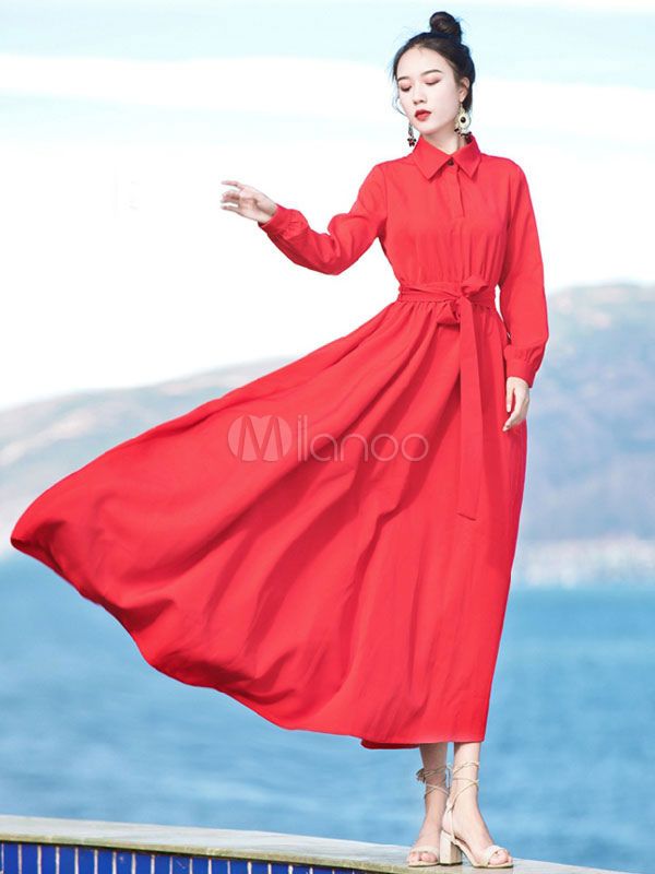 Red Maxi Dress Women Turndown Collar Long Sleeve Lace Up Long Dress Spring Dress | Milanoo