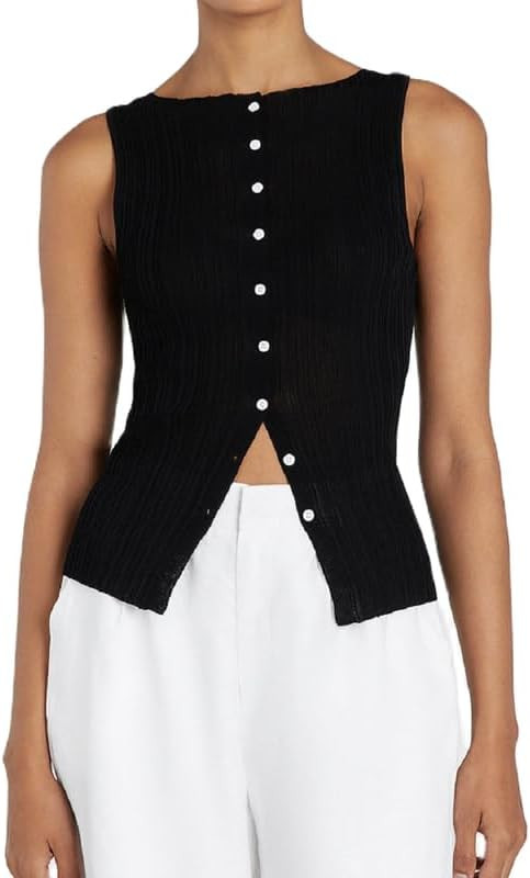 Women Button Down Vest Ribbed Sleeveless Cardigan Tank Top Y2k Crewneck Slim Fit Knit Vest Tops G... | Amazon (US)