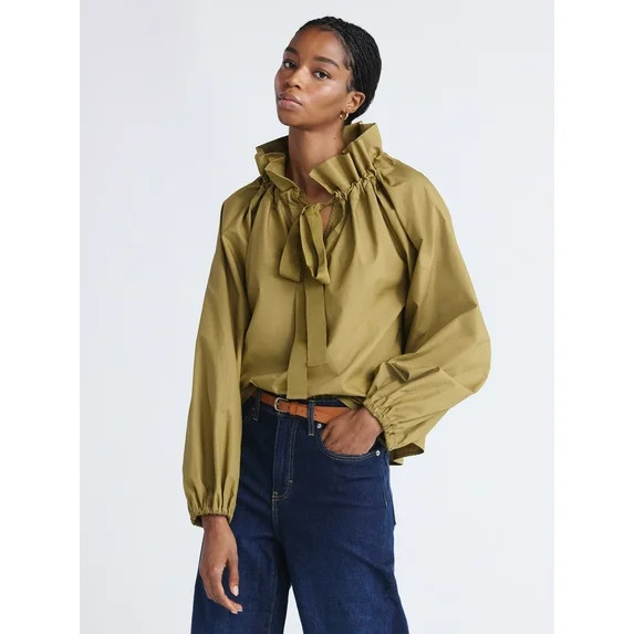 Free Assembly Women's and Women's Plus Size Ruffle Neck Cotton Top with Long Sleeves, XS-4X - Wal... | Walmart (US)