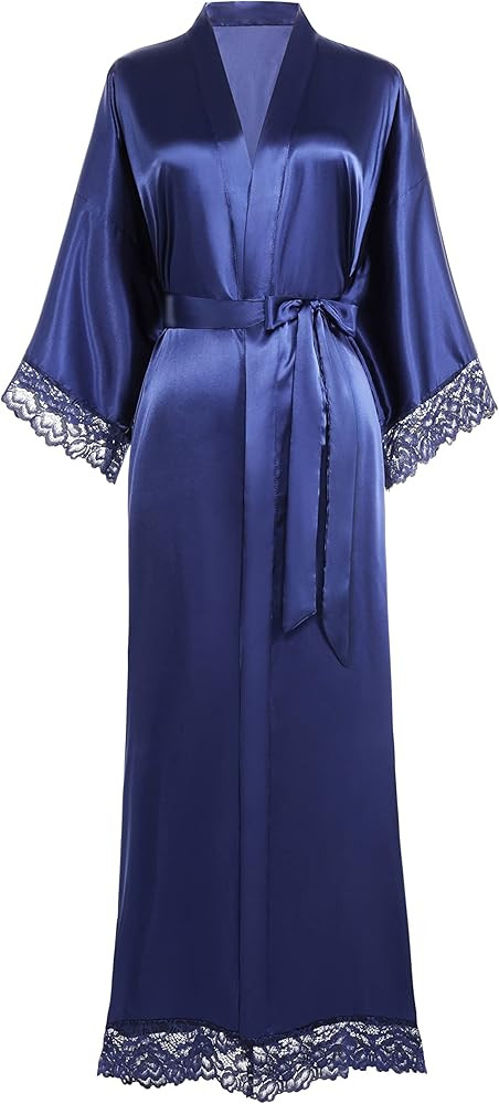 BABEYOND Women's Kimono Dressing Gown Satin Kimono Robe Long Kimono Bridesmaid Bath Robe with Lac... | Amazon (UK)
