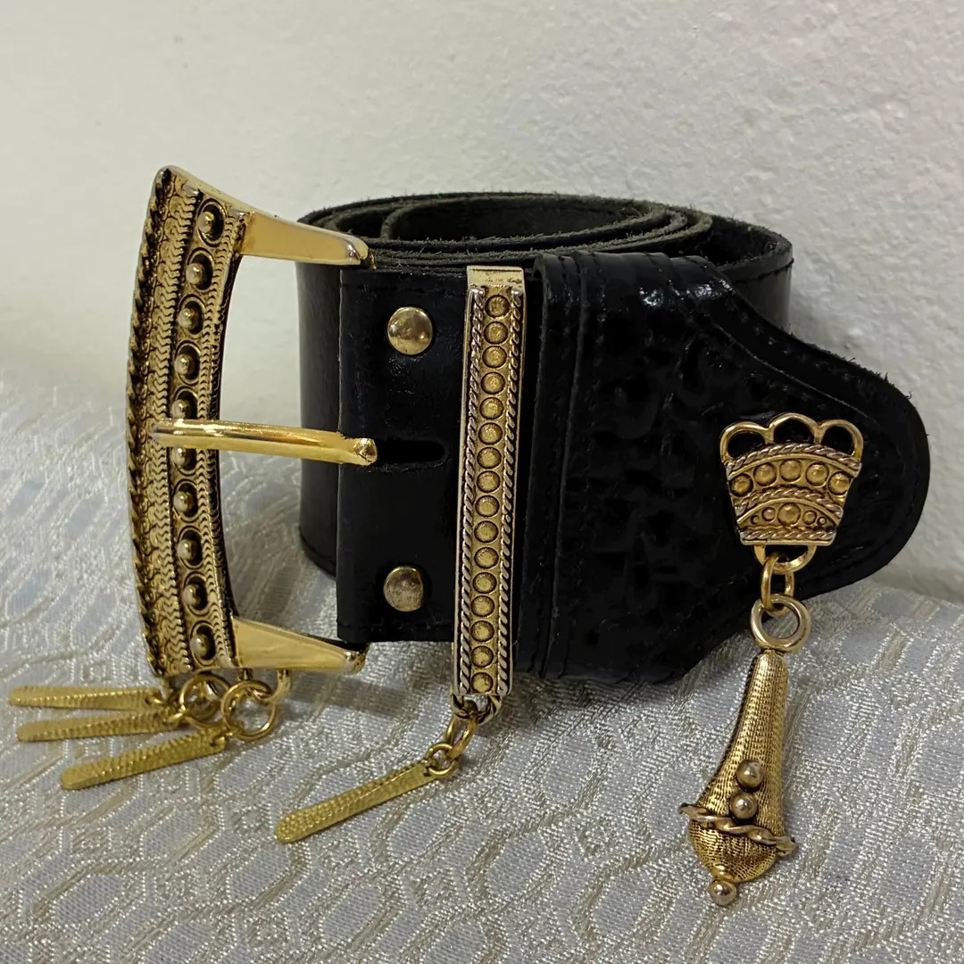 VINTAGE 80's WIDE Ornate Black Genuine Leather Belt | Dangling Brass Pendants | From the HARNYYco... | Etsy (US)
