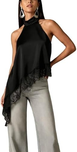 Women Satin Halter Top Y2K Mock Neck Lace Trim Asymmetrical Hem Tank Top Sleeveless Going Out Cro... | Amazon (US)