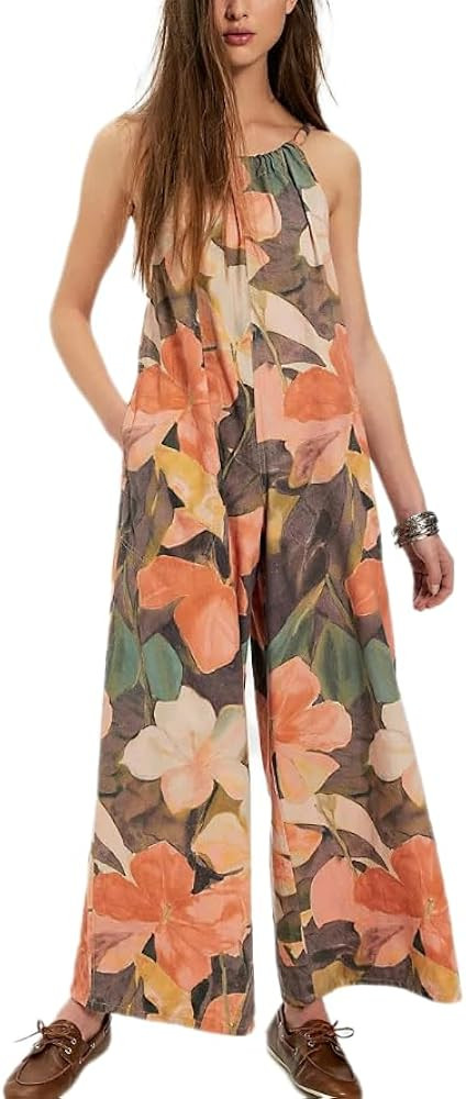 ksotutm Retro Floral Jumpsuits for Women Halter Sleeveless Pocket Wide Leg Romper Overalls Hawaii... | Amazon (US)