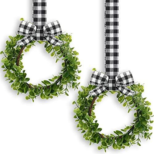 2 Pieces Faux Kitchen Christmas Cabinet Wreaths Boxwood Wreaths with Ribbon Buffalo Plaid Kitchen... | Amazon (US)