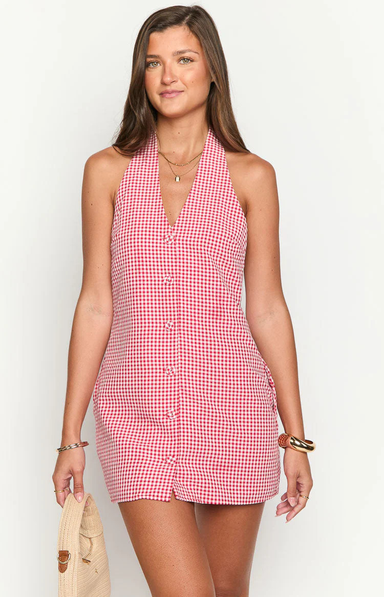 Felix Red Gingham Halter Mini Dress | Beginning Boutique (US)