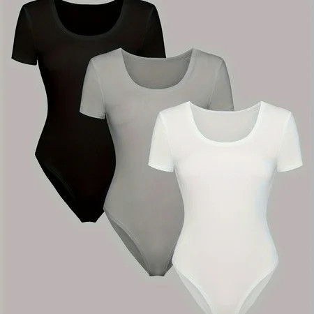 Solid Scoop Neck Bodysuit 3 Pack Casual Short Sleeve Slim Bodysuit Women s Clothing | Walmart (US)