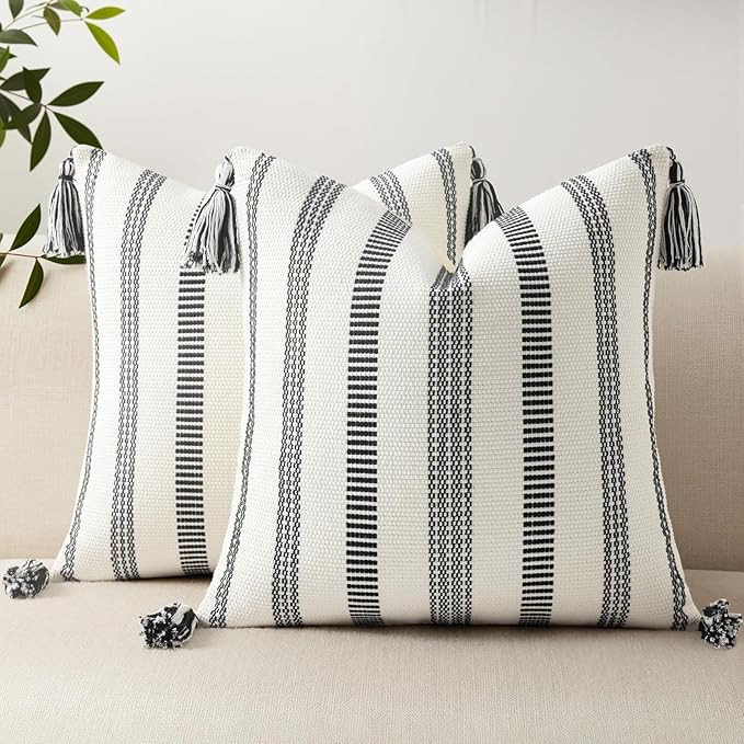 Smile Bee Boho Outdoor Couch Throw Pillow Covers Set of 2, Decorative Thick Woven Striped Accent ... | Amazon (US)