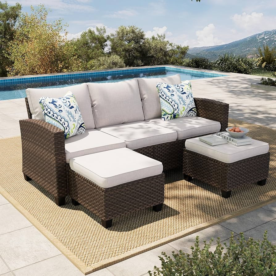Small Patio Furniture Set, 3 Pieces Wicker Outdoor Sectional Set, L-Shaped Patio Couch Set, Modul... | Amazon (US)