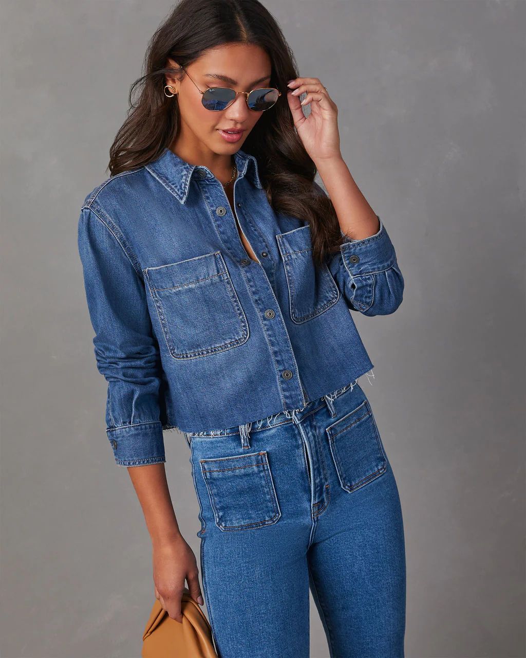 Jamie Cropped Denim Button Down Top | VICI Collection