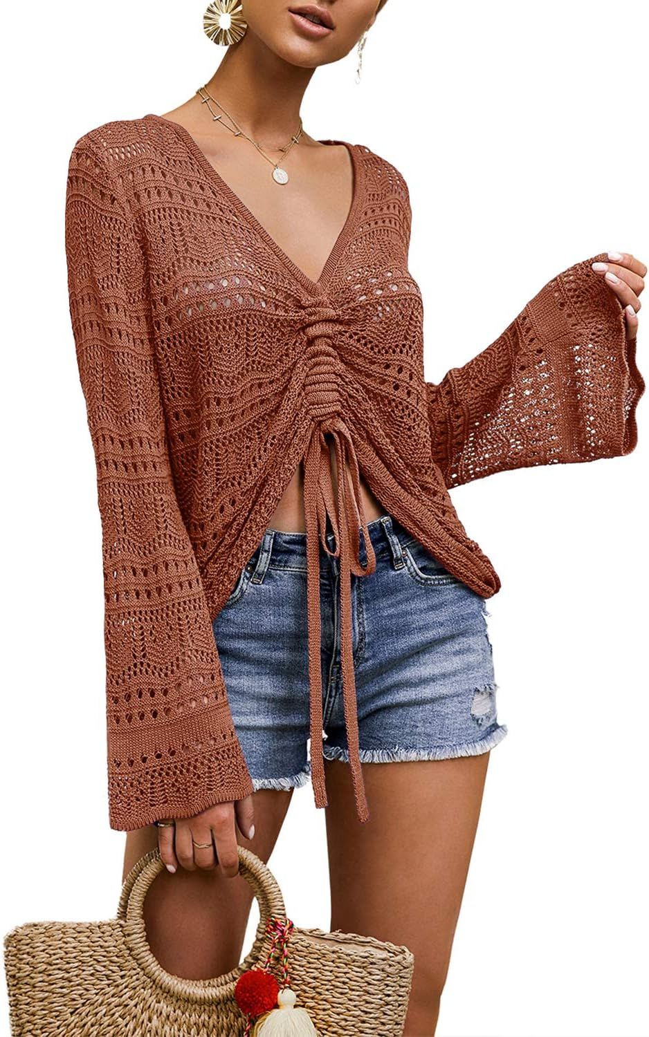 FERBIA Women Crochet Top Beach Cloth Drawstring Shirt Cover Up Oversized Sexy Beachwear Lace Up T... | Amazon (US)