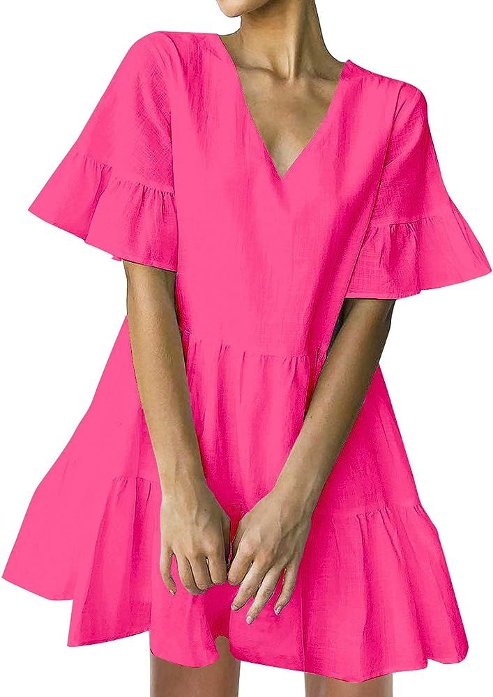 FANCYINN Women’s Cute Shift Dress with Pockets Bell Sleeve Ruffle Hem V Neck Loose Swing Tunic Mini  | Amazon (US)