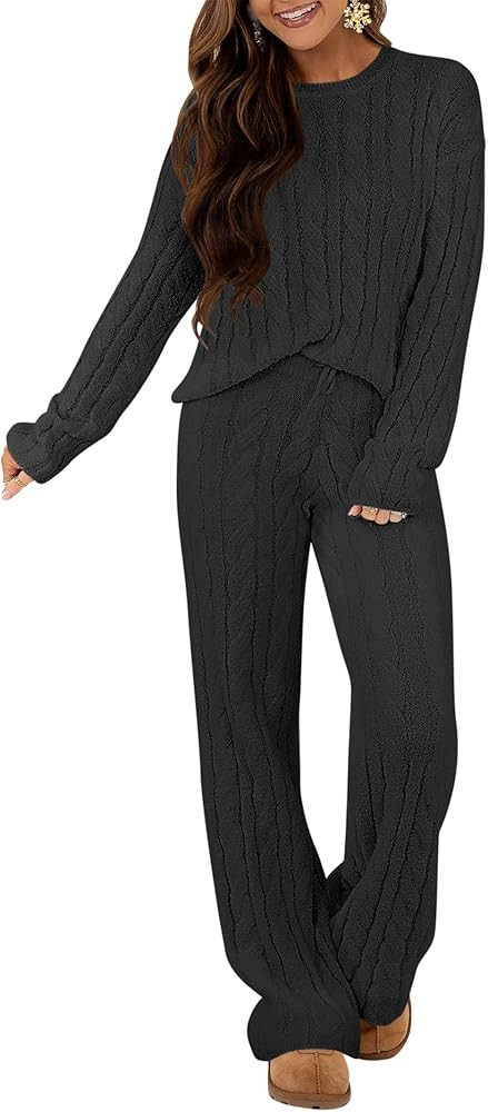 ANRABESS Women's Fuzzy Fleece Pajama Set 2 Piece Outfits Lounge Knit Oversized Sweater Pj Sets 20... | Amazon (US)