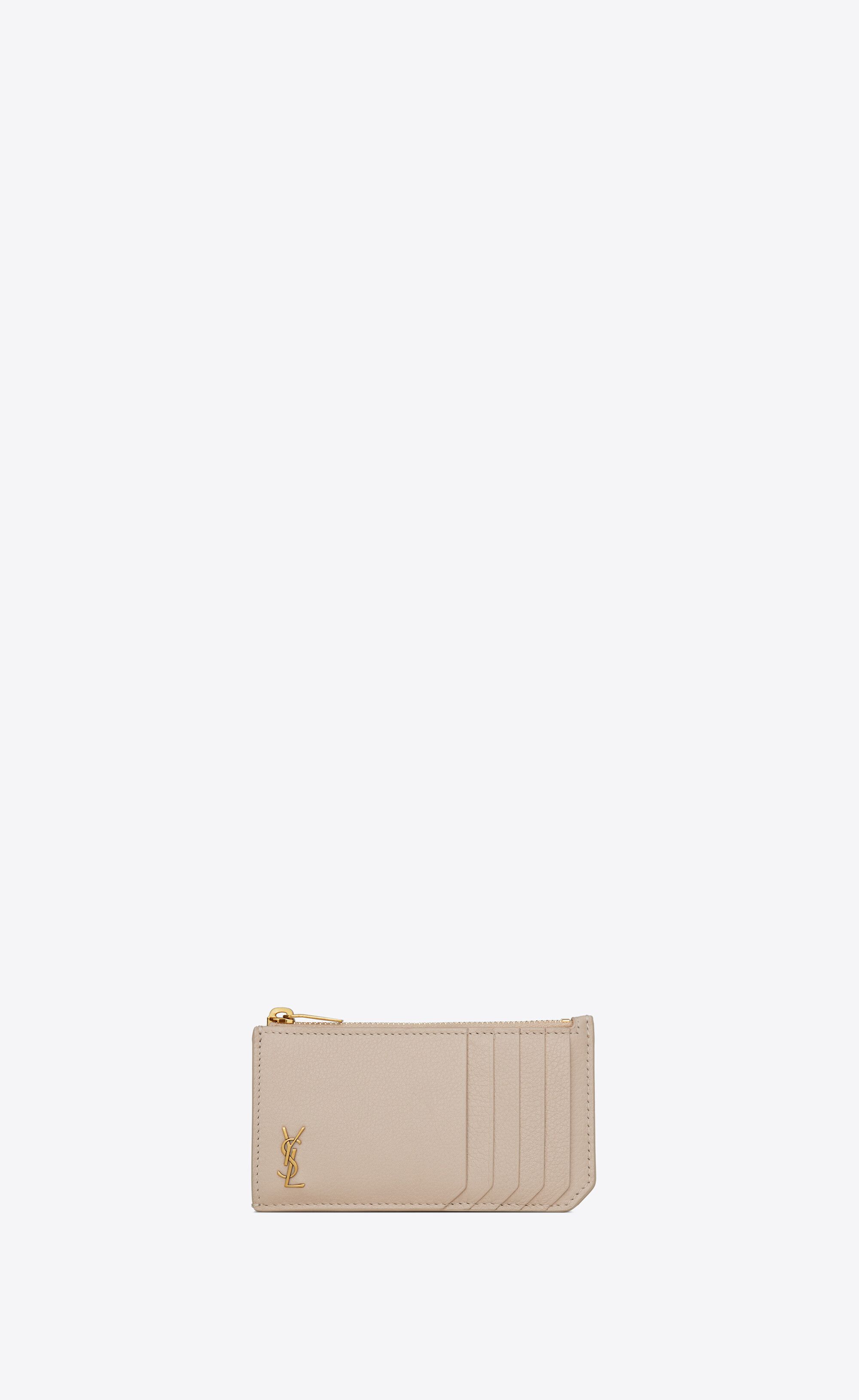 Monogram Fragments Zipped Card Case In Grained Leather Beige One Size | Saint Laurent Inc. (Global)