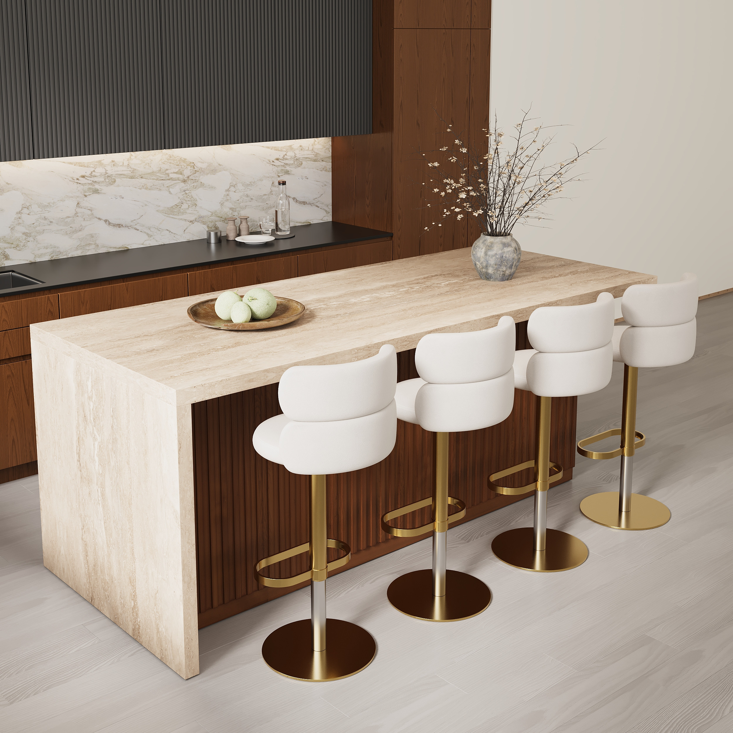 72"" Large Kitchen Island Marble Veneered Top with Storage Walnut Modern Kitchen Cabinet | Homary