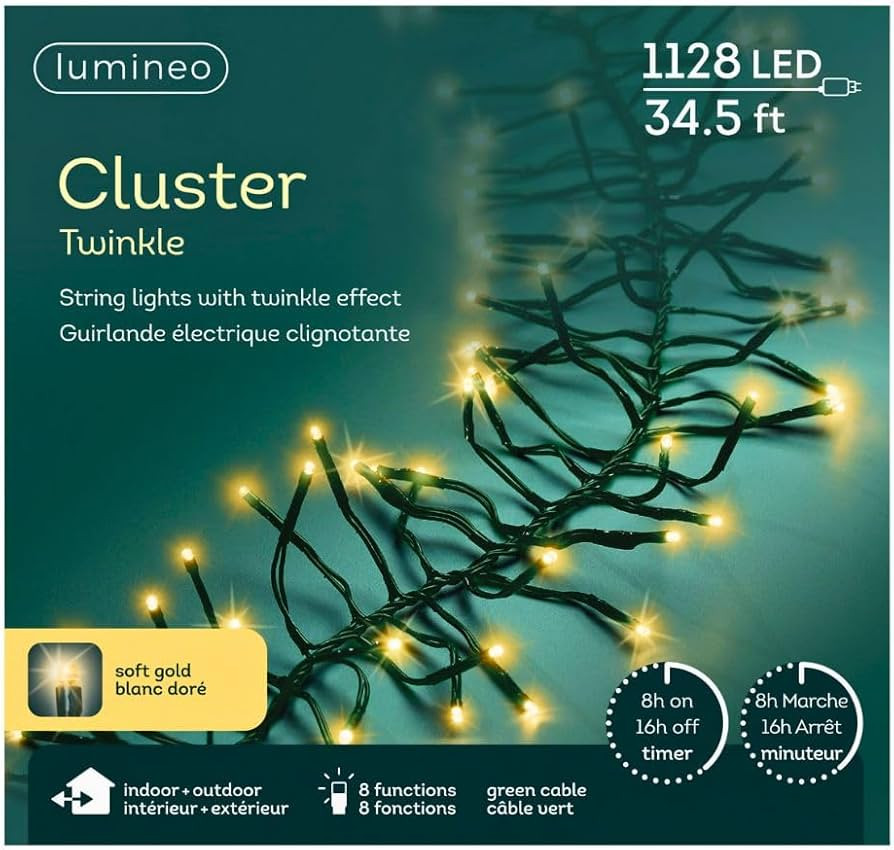 Lumineo 1128 LED Soft Gold Cluster Christmas Lights, 34.8 Ft Twinkle String Lights, Soft Gold, Gr... | Amazon (US)