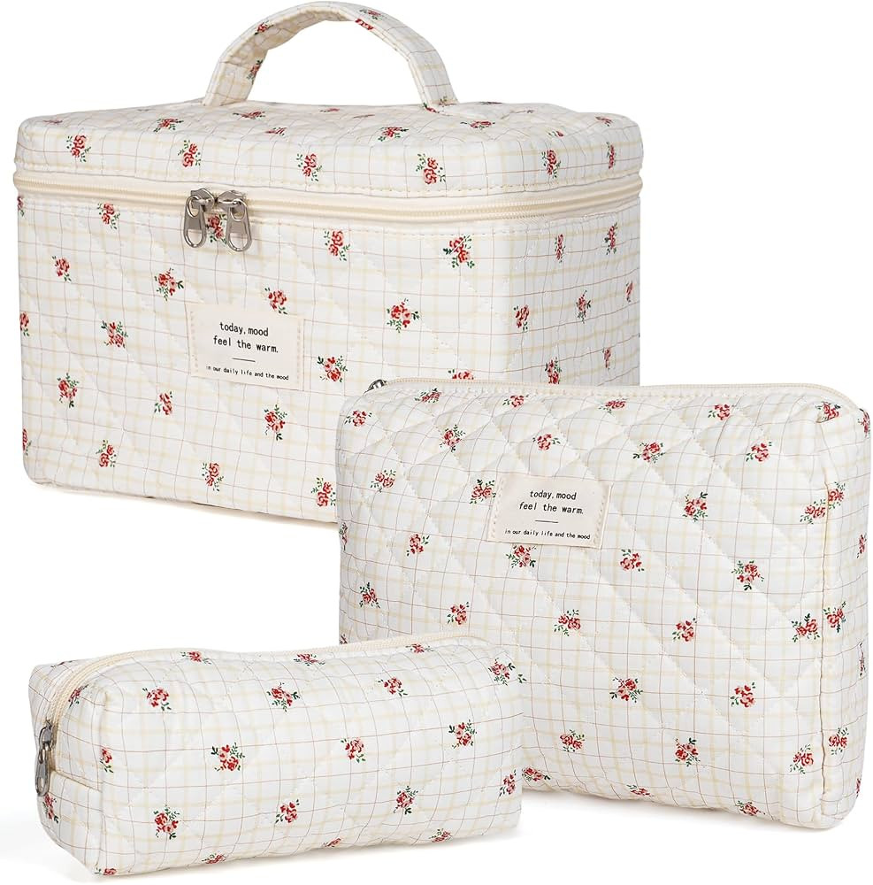 Makeup Bag,Quilted Cosmetic Bags,Large Floral Make Up Organize bag,Makeup Bag Set for Women,Flowe... | Amazon (US)
