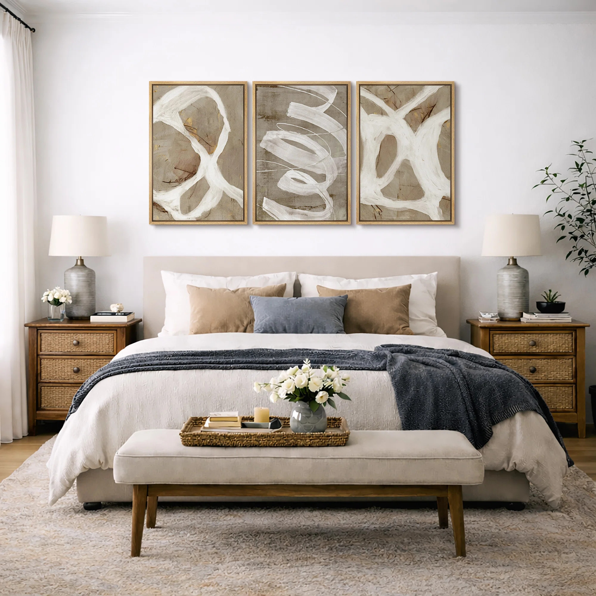 Pastel Tan Brown Green Neutral Modern Artwork  Abstract Picture Framed Canvas 3 Piece Print Wall ... | Wayfair North America