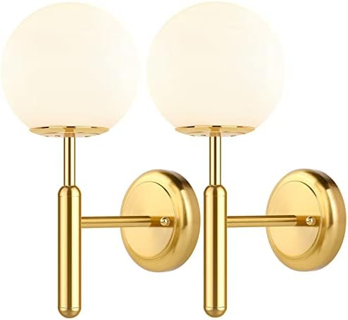 Gold Wall Sconces Set of 2, Mid Century Modern Wall Mounted Bathroom Sconce Brushed Gold with Whi... | Amazon (US)