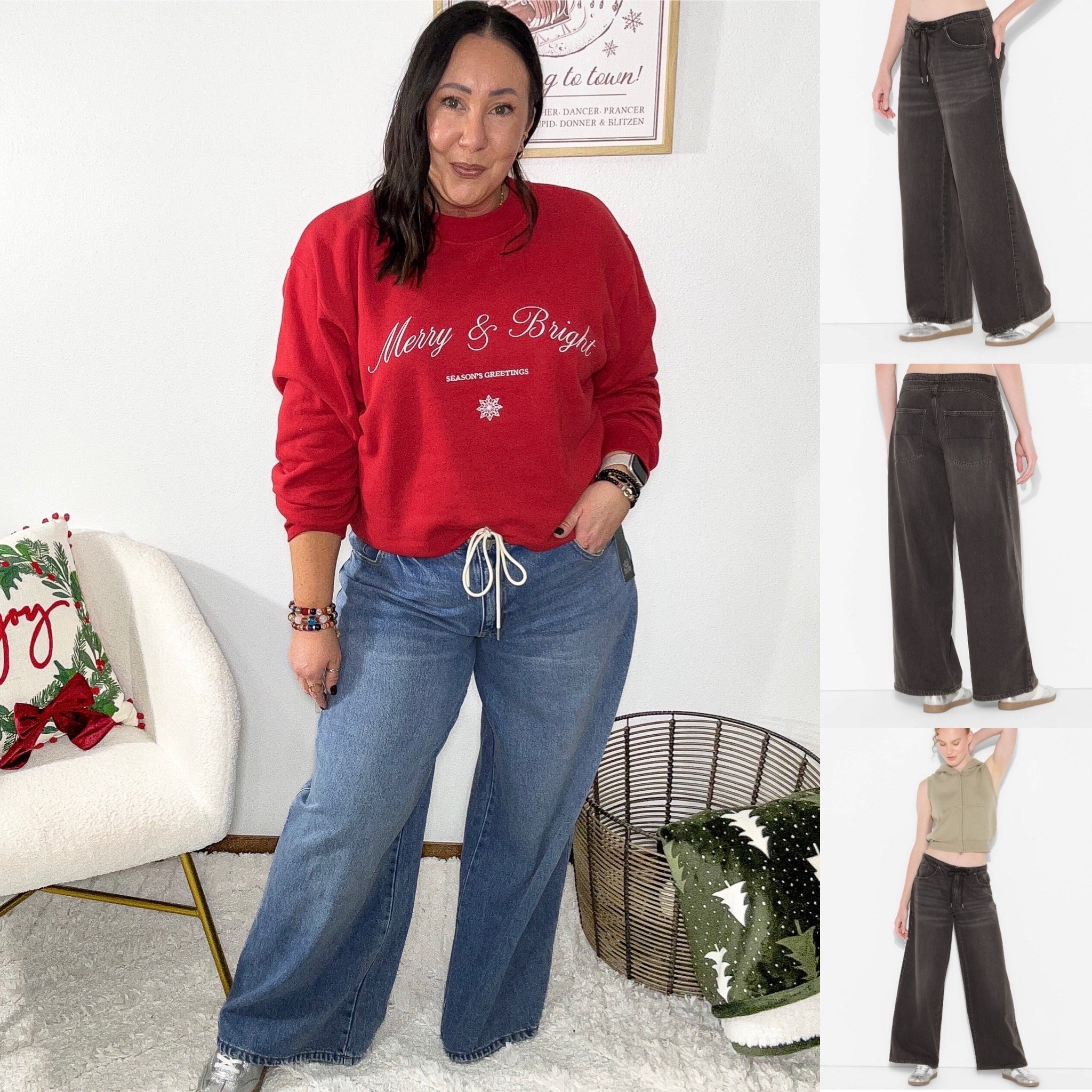 My new fave wide leg jeans on sale!  15% off!  Large fits perfectly loose on me. Ordered the black ones! XL holiday sweatshirt! 

#LTKMidsize #LTKSaleAlert #LTKOver40