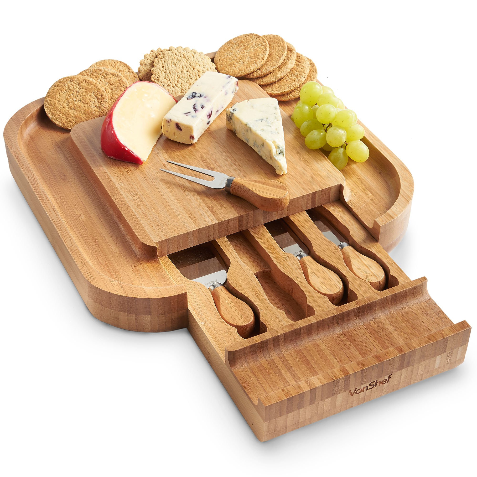 VonShef Bamboo Cheese Board, Rectangular Serving Tray with Stainless Steel Knife Set, Easy Clean ... | Amazon (UK)