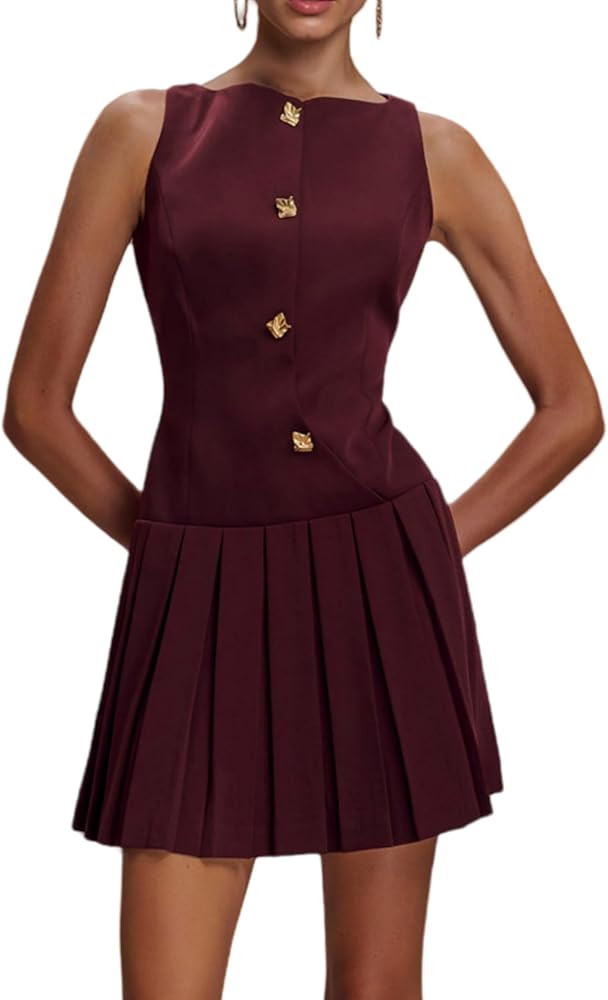 Women Sleeveless Business Work Office Mini Dress Sleeveless Button Formal Short Pleated Dress Fal... | Amazon (US)