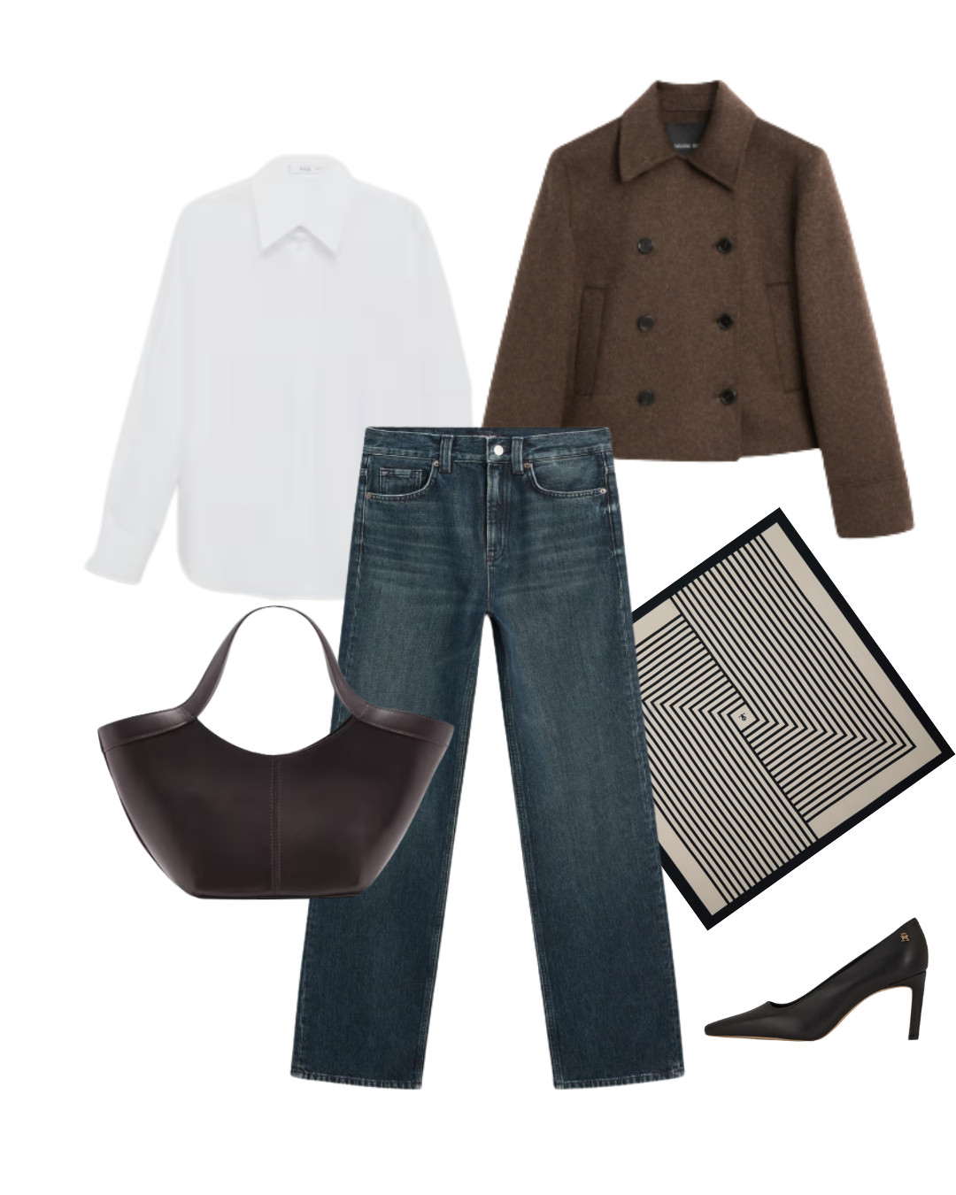 Wide Leg Jeans – Jeans mit weitem Bein in Kombination mit einer Jacke in Schokobraun und Hemd in Weiß. Seidentuch als Eye-Catcher.  

 #LTKluxury #LTKjeans #LTKautumn