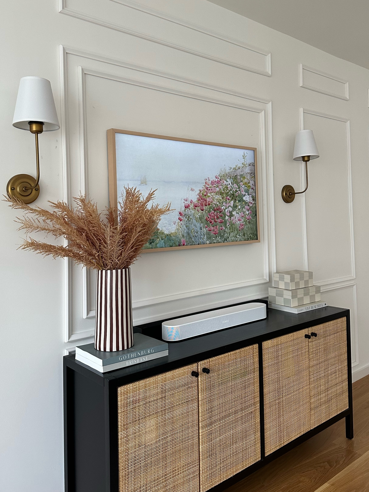 Everything is linked! Frame TV & art, sconces, tv stand, and more! 