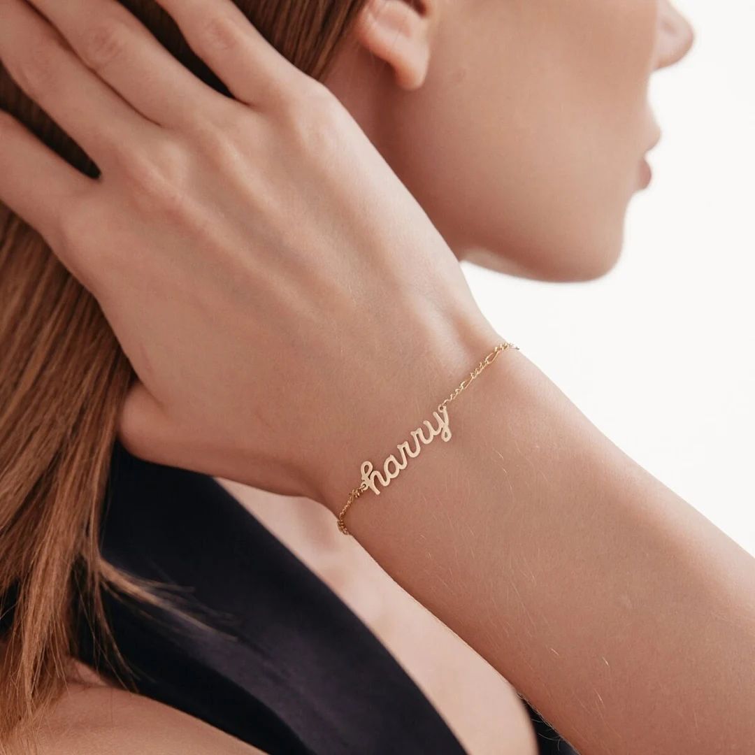 Custom Name Letter Bracelet in 14K Solid Gold | Dainty Figaro Chain Bracelet for Women  |  14K Re... | Etsy (US)