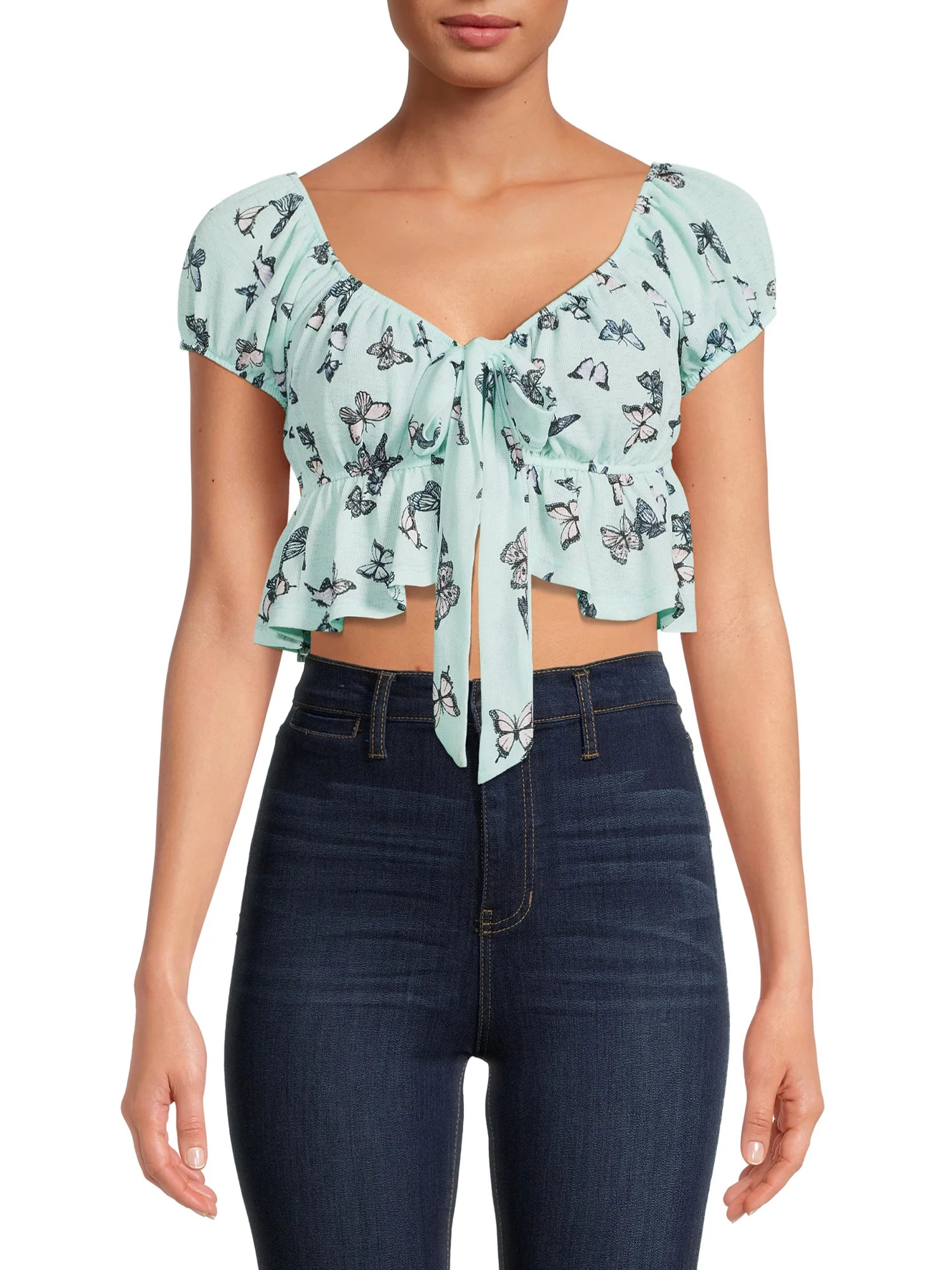Almost Famous Women's Juniors Peasant Sleeve Front Tie Peplum Crop Top | Walmart (US)
