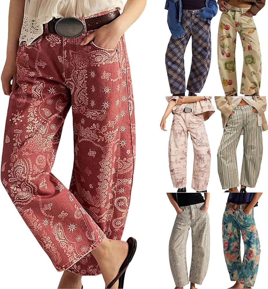 Womens Baggy Barrel Boyfriend Jeans Floral Print Denim Ankle Pants Wide Leg Flared Loose Jeans Y2... | Amazon (US)