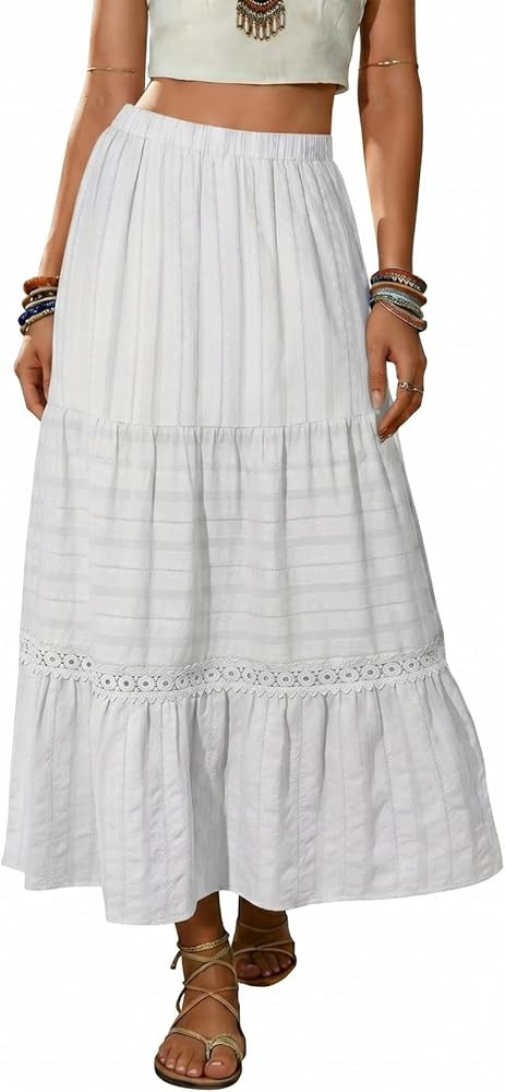 BLENCOT Women's Long Skirt Boho Crochet Lace Tiered High Waisted Cotton A-Line Flowy Maxi Skirt | Amazon (US)