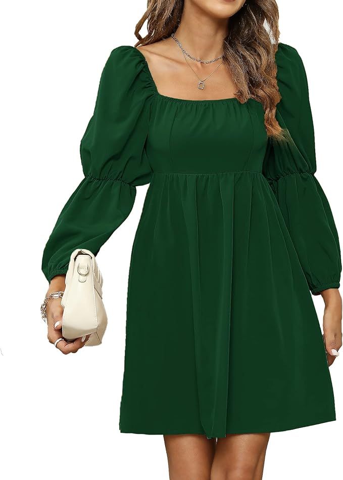Naggoo Womens Square Neck Dress Long Puff Sleeve A-Line Casual Babydoll Smocked Short Mini Dress | Amazon (US)